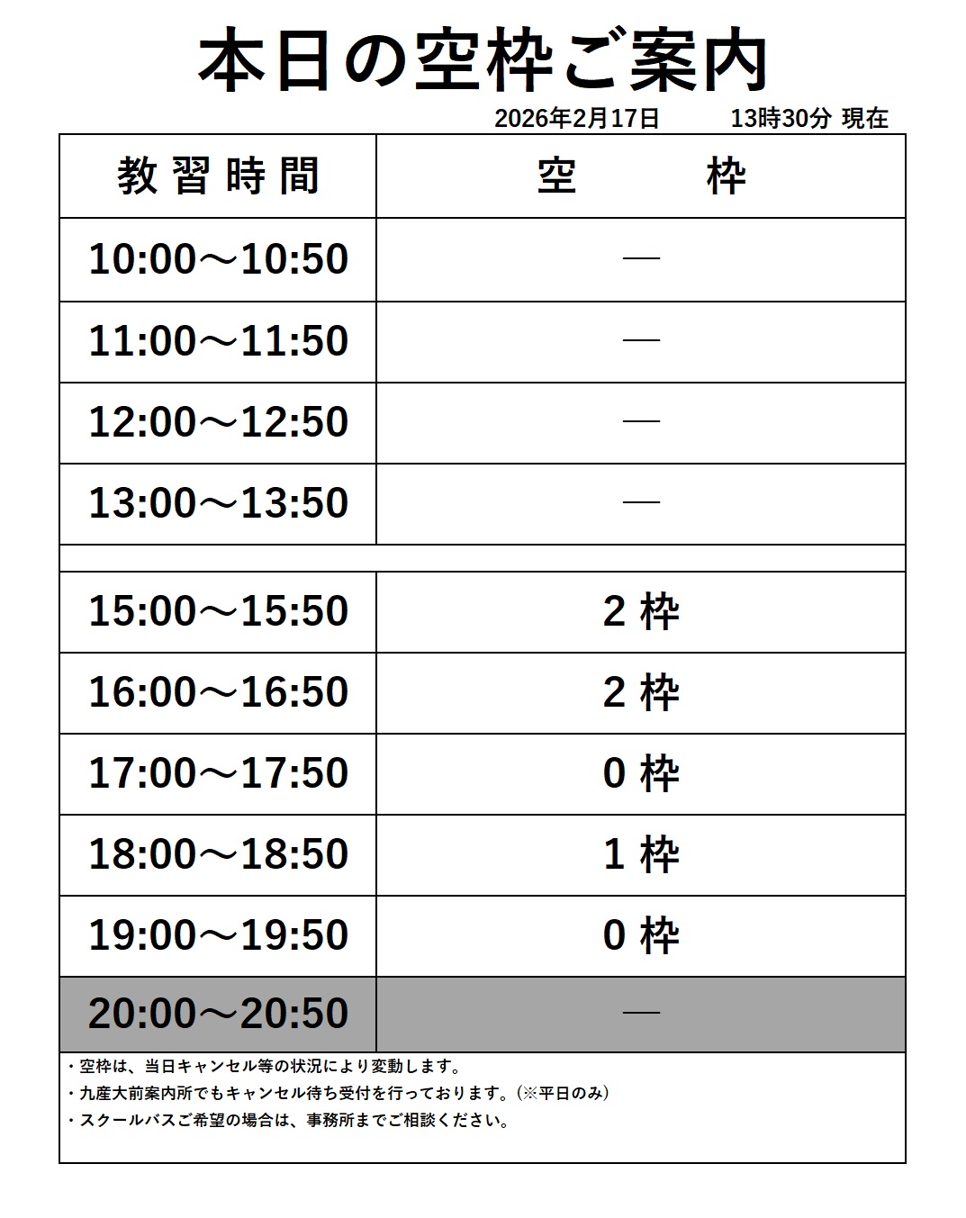 普通車技能教習の空き枠情報