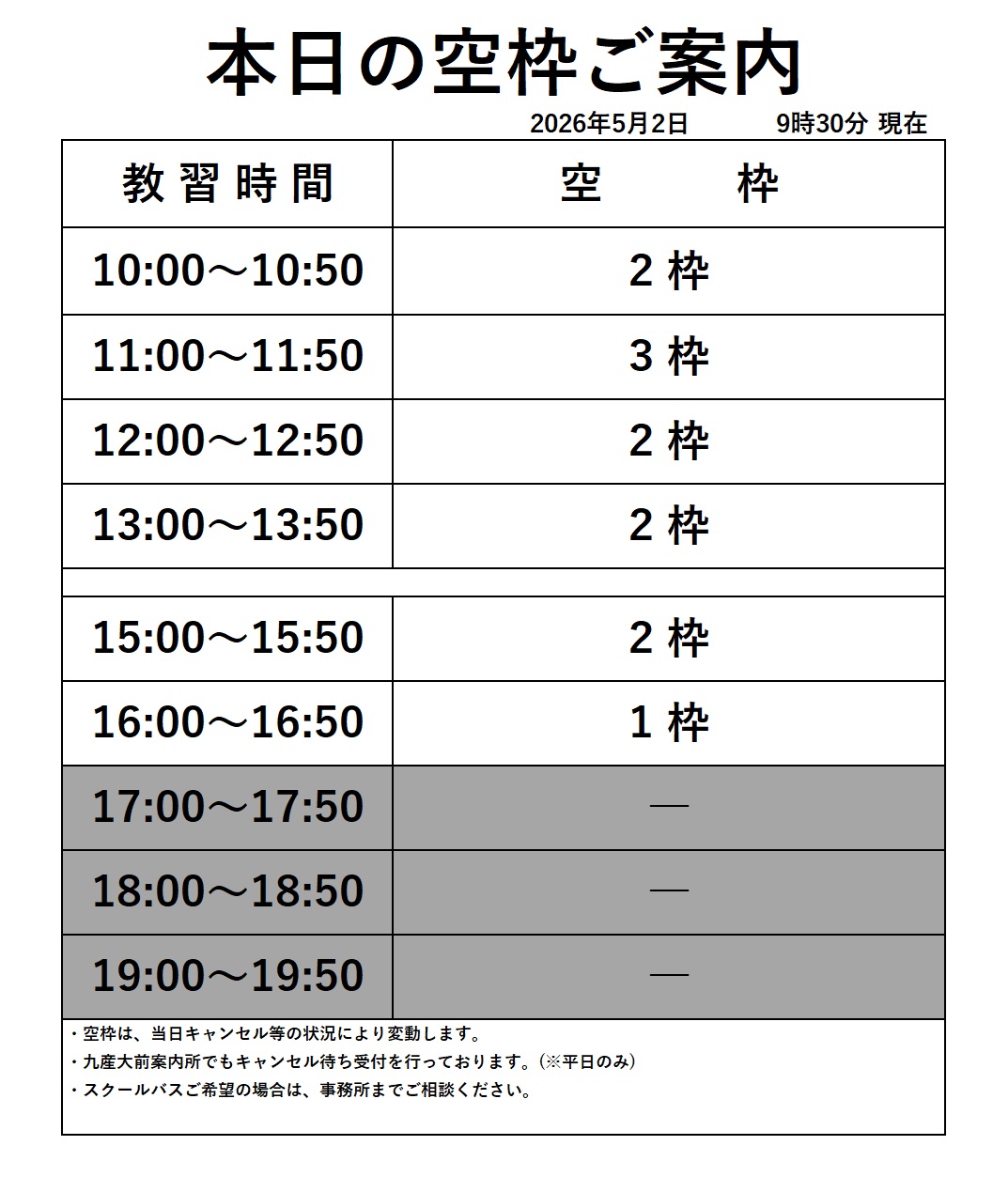 普通車技能教習の空き枠情報