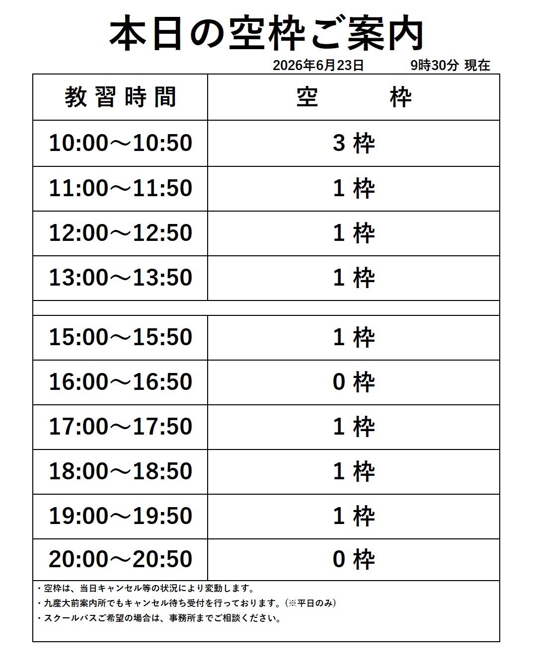 普通車技能教習の空き枠情報