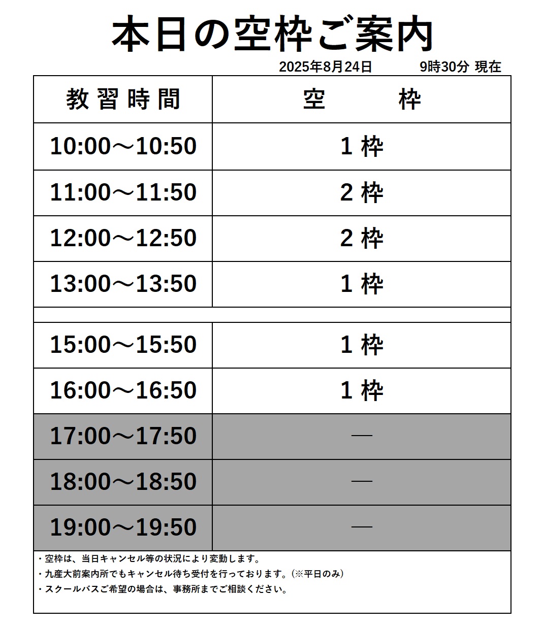 普通車技能教習の空き枠情報